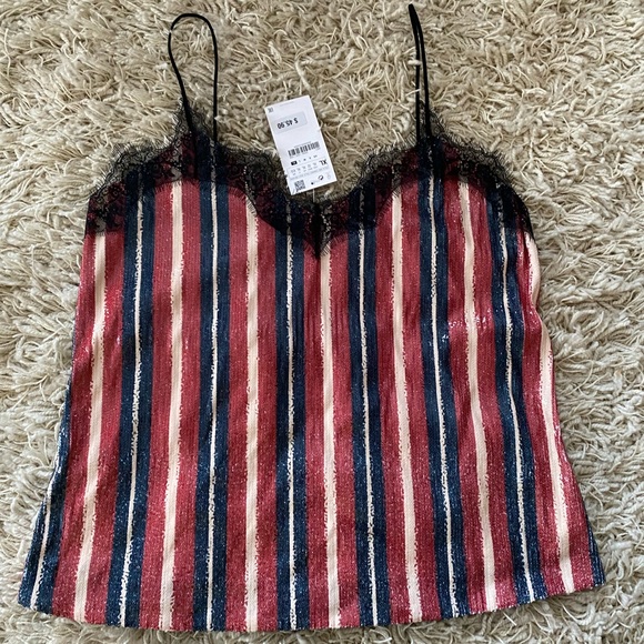 NWT! Zara Basic Sequin & Lace Striped Camisole women’s XL, stretch material. - Picture 4 of 15